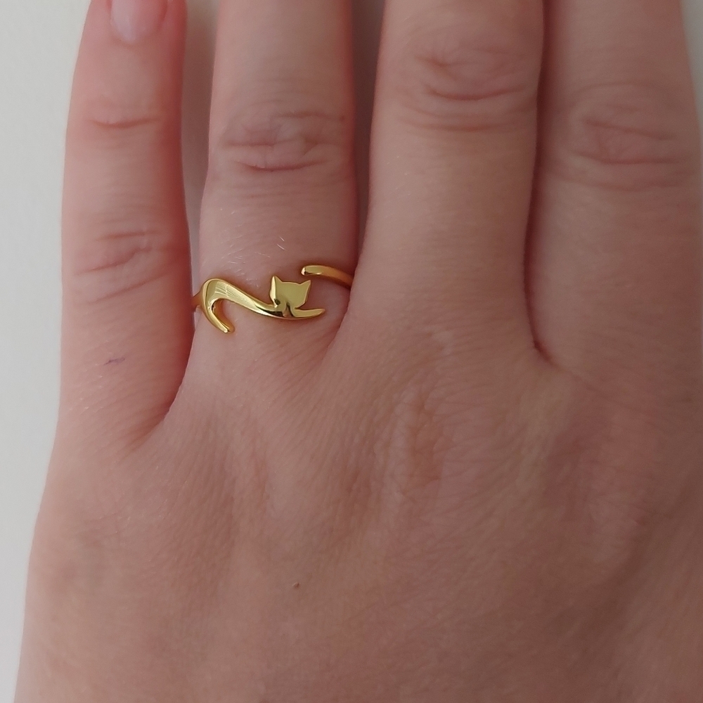 Gold Plated 925 Sterling Silver Cat Adjustable Ring - Picture 3 of 8